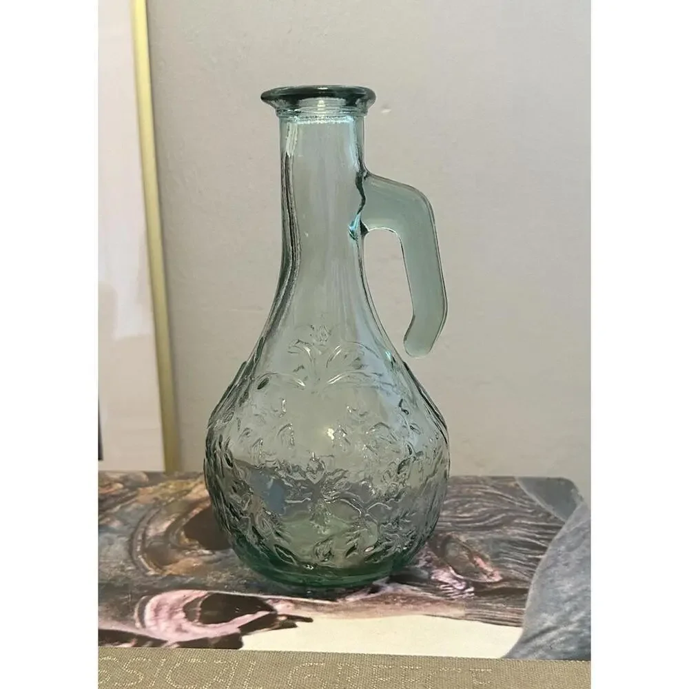 Set Of Three Vintage Green And Clear Glass Vases With Floral And Hobnail Designs